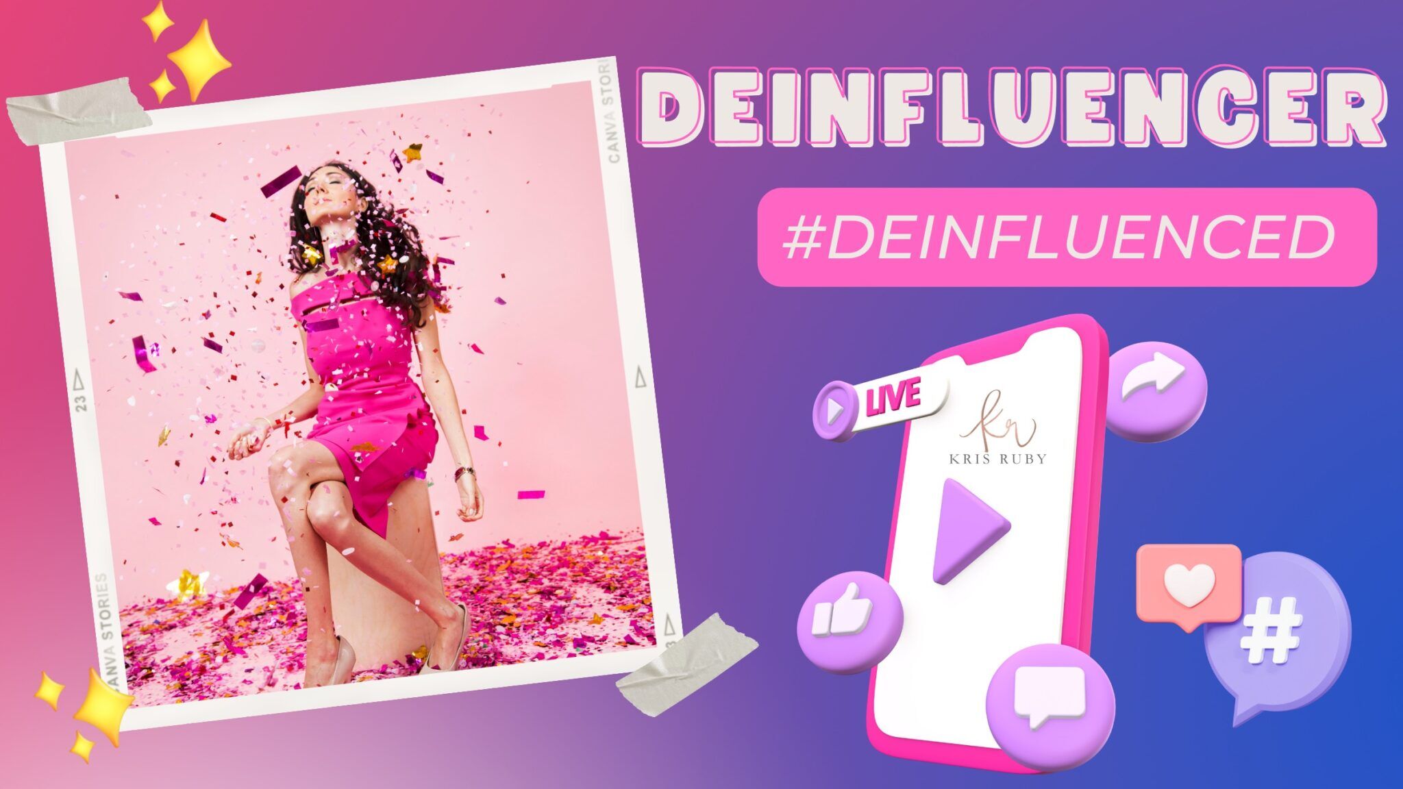 Social Media Analyst Kris Ruby wearing a pink dress with confetti social media influencer marketing trend